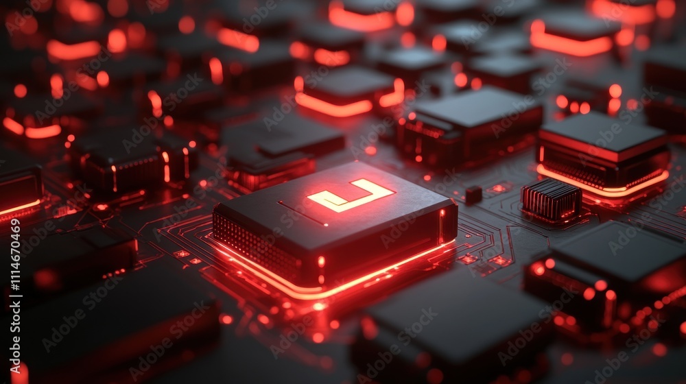 Leinwandbilder Illuminated Red Circuit Board with Central Processor
