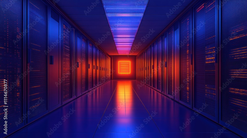 Poster illuminated server room corridor modern data center