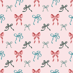 Seamless pattern of hand-drawn ribbon bows in various colors on a light pink background. Decorative coquette design for wrapping paper, textile, wallpaper, cover, greeting cards. Vector illustration