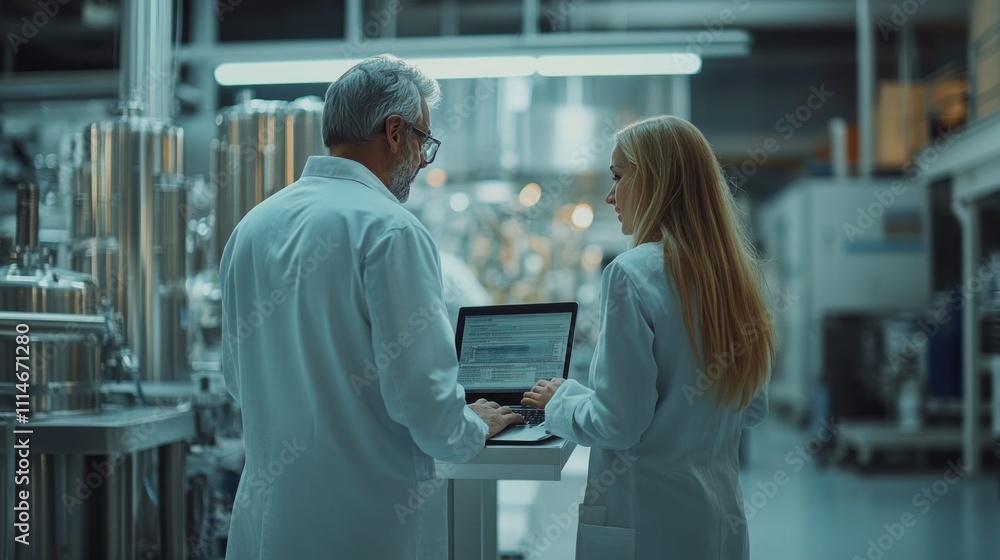 Poster two middle-aged professionals in lab coats engage in a collaborative discussion at a state-of-the-ar