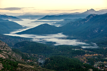 Fototapeta premium Nieblas matutinas en el valle del Guadalquivir, en el parque natural de Cazorla, Segura y Las Villas.