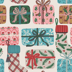Seamless pattern of wrapped Christmas gifts and holiday stockings on beige background. Hand drawn colorful vector illustration. Design for wallpaper, textile, wrapping paper, and greeting cards.