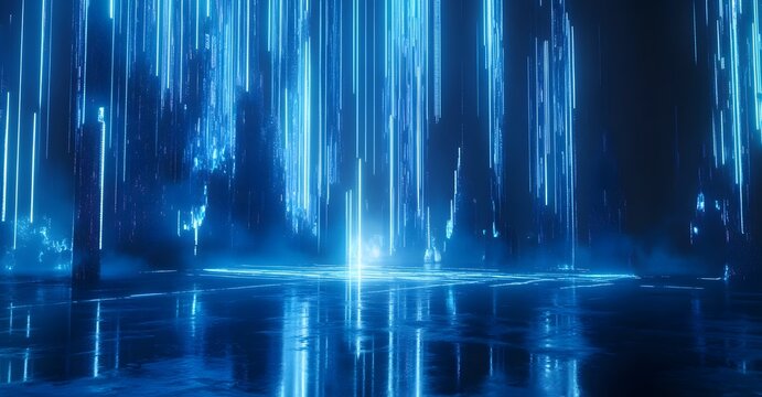 Digital rain falls on a reflective surface, creating an ethereal, futuristic scene bathed in cool blue light.