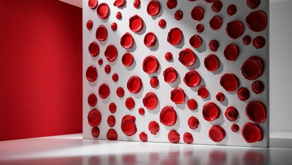 A bold red textured wall art piece featuring circular elements.
