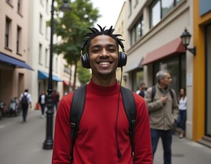 Fototapeta premium Portrait of happy young adult African man hipster standing on city street outdoors looking away dreaming. Smiling cool gen z Black hipster guy traveler wearing red shirt headphones backpack. Close up