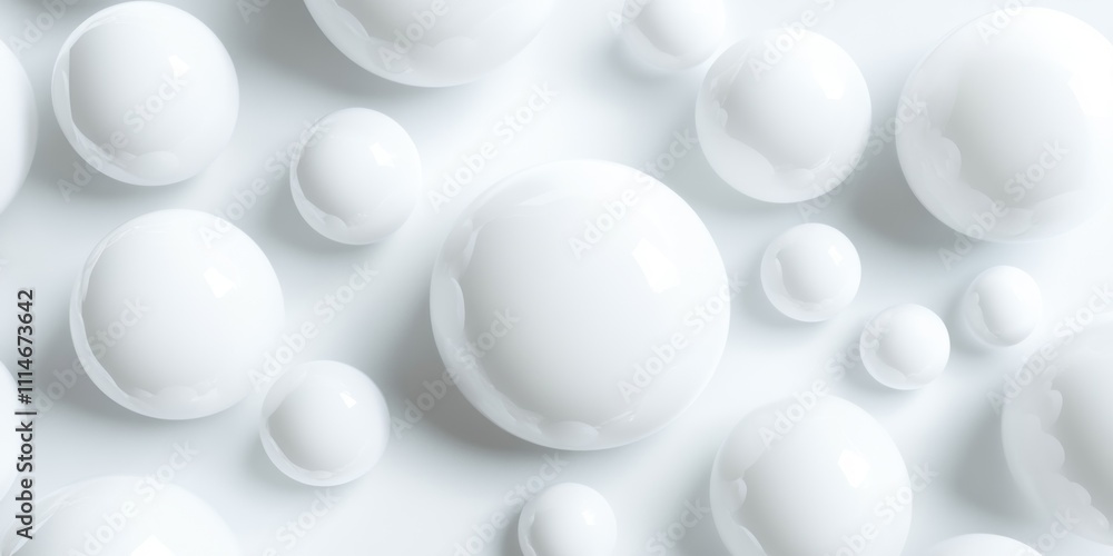 Poster white spheres arranged in a scattered pattern on a white background