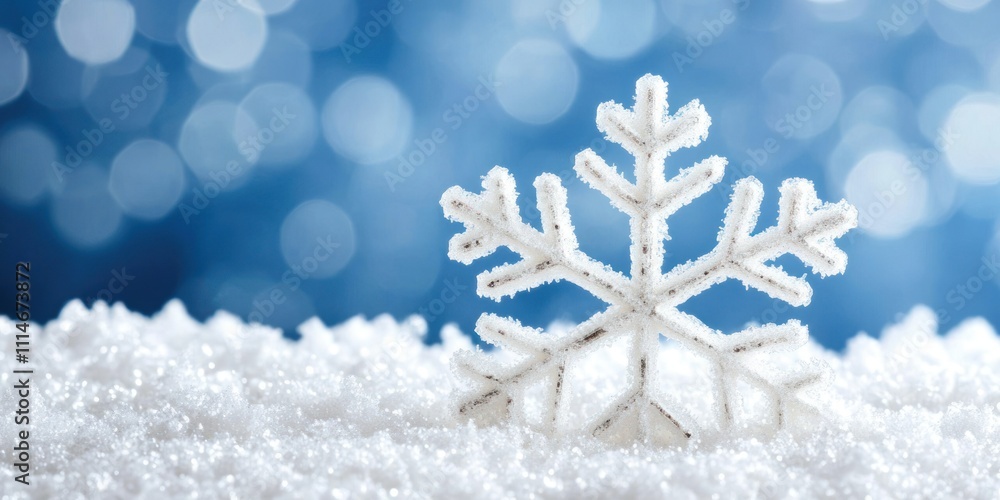 Poster frosty snowflake rests in sparkling winter snow