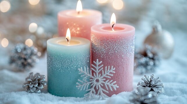 Christmas candle and decorations in pastel colour.