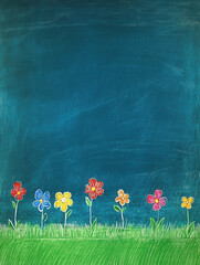 Chalk-drawn flowers on a blue chalkboard background with copy space.
