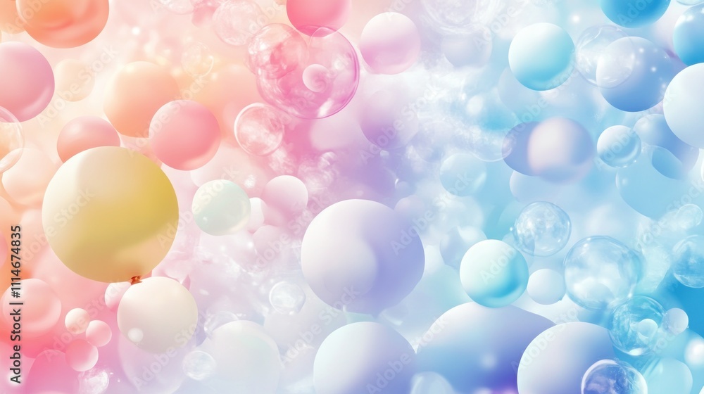 Poster pastel colored spheres floating in a dreamlike setting