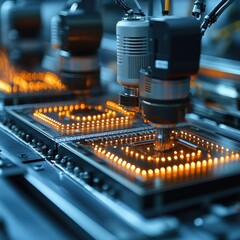 Close-up of robotic arms assembling electronic components on a circuit board.