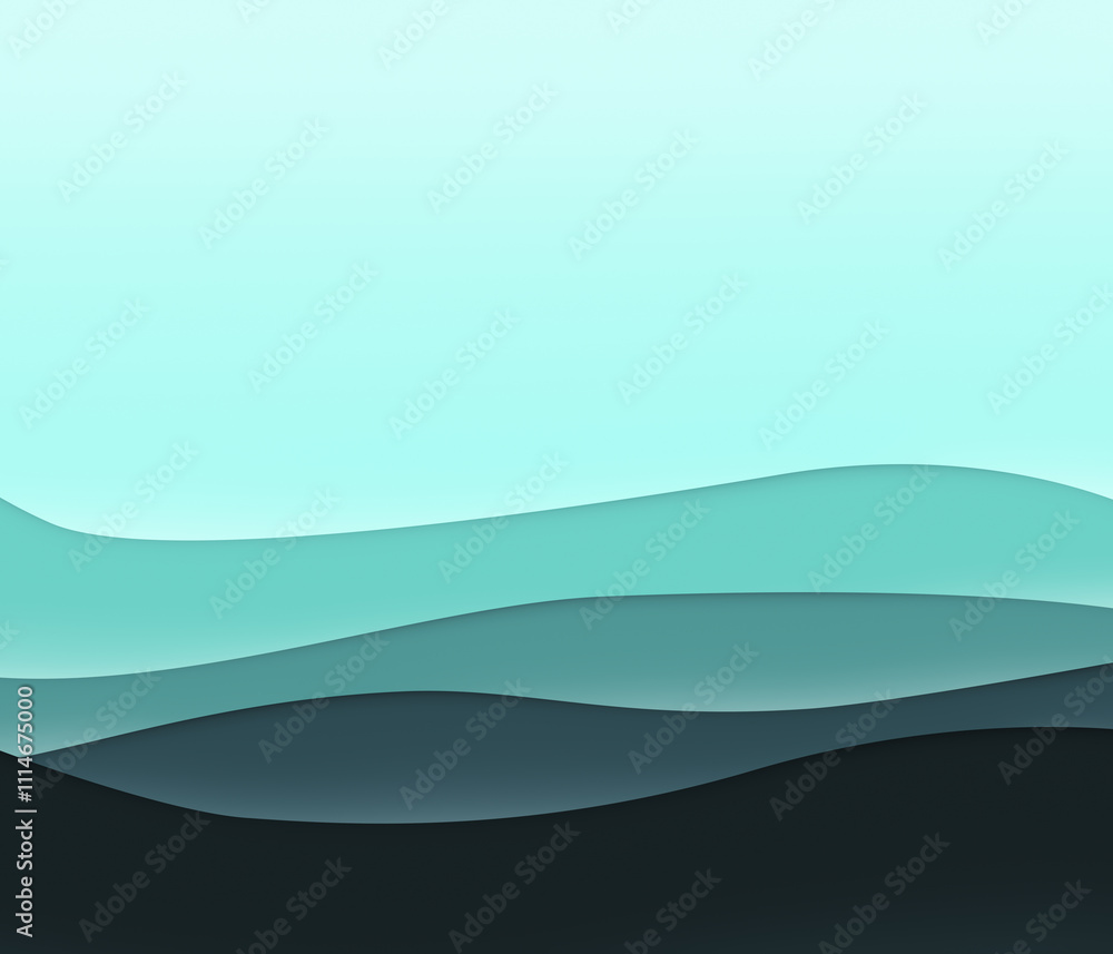 Poster bluish, cyan and teal layered wavy lines with shadows. high resolution full frame abstract backgroun