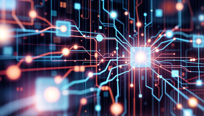 Obraz premium A futuristic circuit board design with glowing connections, representing advanced technology, innovation, and digital communication.