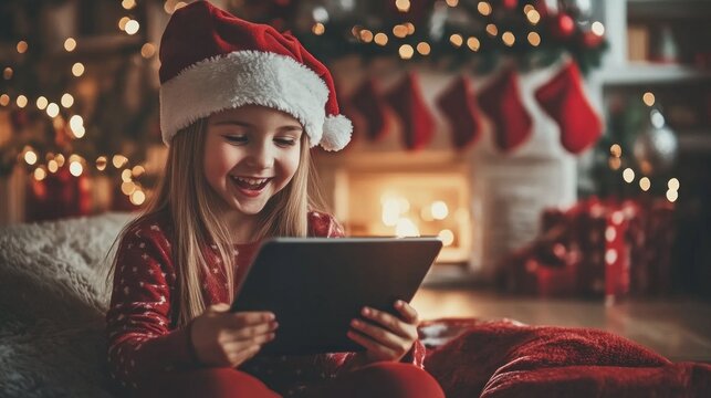 A joyful girl wearing a festive hat sits comfortably on a cozy rug, engaging with a tablet