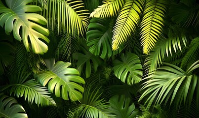 Naklejka premium Lush tropical foliage backdrop. Vivid green leaves, sunlight, nature, jungle, rainforest