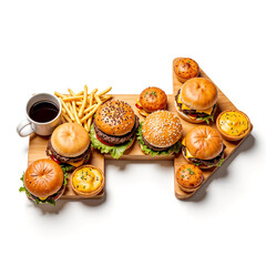 right arrow of fast food, food, hamburger, cheeseburger, French fries, coffee cup, sandwich, on a wooden board, banner for signs on the highway to the restaurant isolated on white