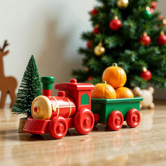 A children's plastic steam locomotive toy carries a carriage with several tangerines on the floor of the children's room, there are small Christmas trees nearby, and a large Christmas tree