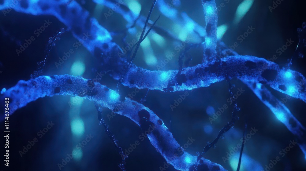 Poster glowing blue neural network fibers abstract art