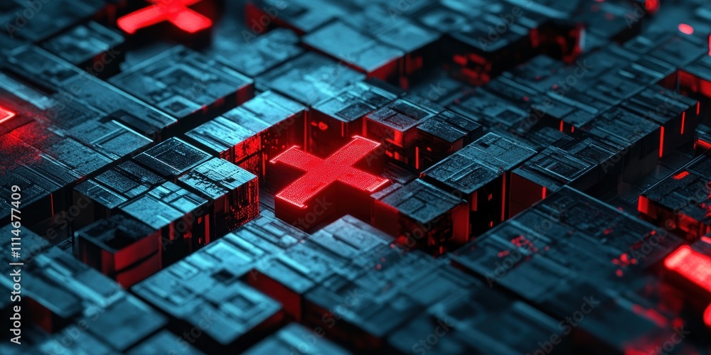 Poster red cross illuminated within dark blue cubes