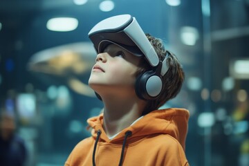 A young boy wearing a virtual reality headset and headphones is immersed in a digital world, highlighting the intersection of technology and imagination, in an immersive setting.