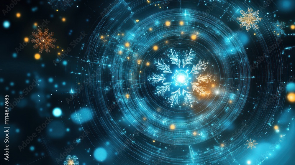 Poster Glowing Snowflake In Digital Circular Pattern
