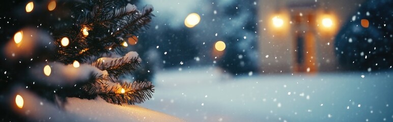 Fototapeta premium Enchanting holiday lights twinkle on snow-laden pine branches, set against a blurred background, creating a magical and serene winter scene.