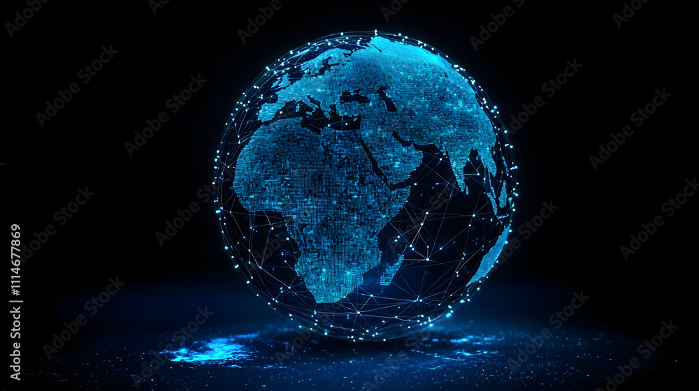 Poster digital networked globe, global communications. world connectivity, data exchange visualization.