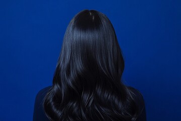 Fototapeta premium Beauty Composition Long Black Hair from Behind on a Bold Navy Blue Background