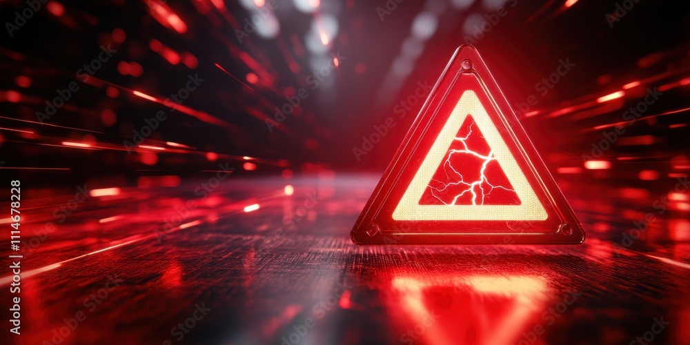 Poster glowing red triangle warning sign on dark surface