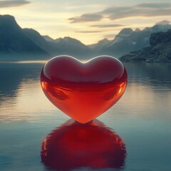 Fototapeta premium Heart-shaped reflection on serene lake at dusk nature photography calm environment romantic concept