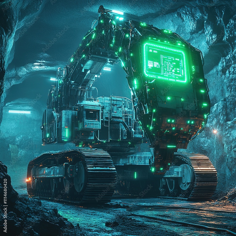 Poster mining operations with advanced robotic excavator in underground cave technology exploration with fu