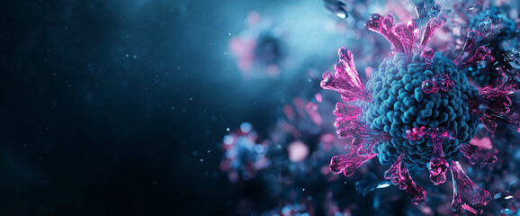 A close up of a virus with a blue and pink color scheme