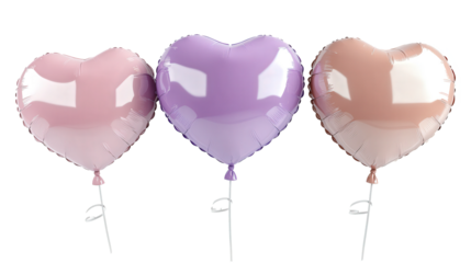 Three hearts are floating in the air, one of which is purple