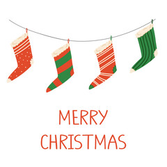 Obraz premium A simple Christmas card. Colorful hanging stockings and text.