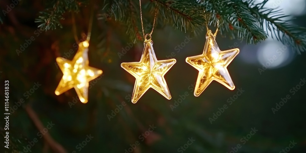 Poster illuminated star ornaments hanging on a pine tree branch