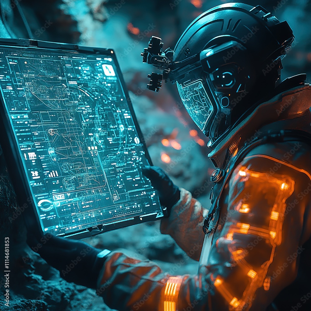 Poster exploring extraterrestrial technology space research mars colony digital interface futuristic enviro
