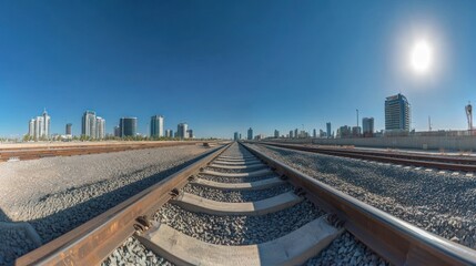 Fototapeta premium A panoramic view of railway tracks leading towards a city skyline under a clear blue sky.