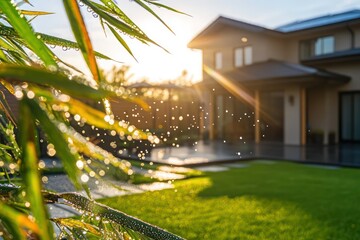 Modern suburban house with a zen garden in the backyard, dewdrops sparkling on bamboo leaves under sunlight.