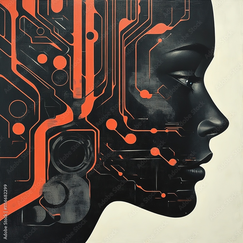 Poster exploring human-machine interaction futuristic portrait of a woman with circuit patterns digital art