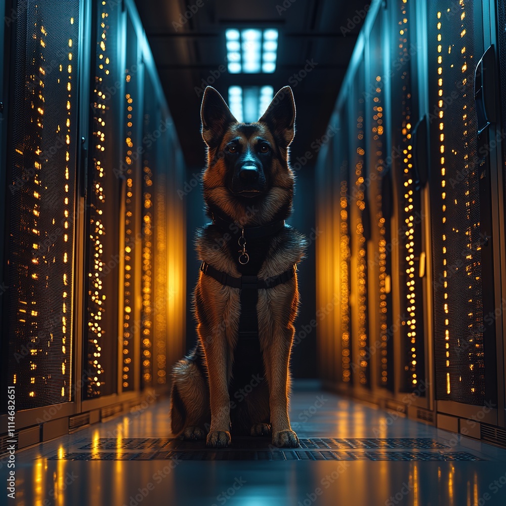 Poster dog security monitor in data center technology environment digital security concept high-tech viewpo