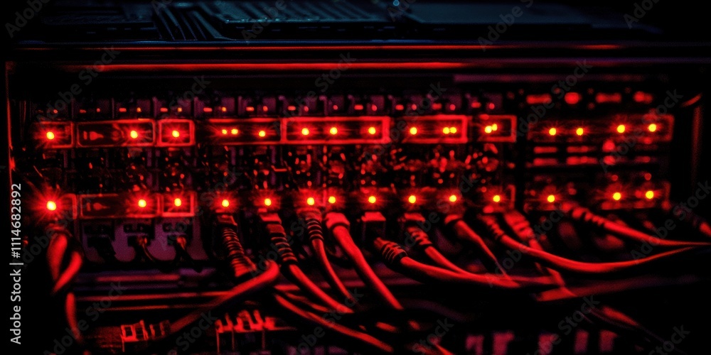 Poster red illuminated network server rack with cables