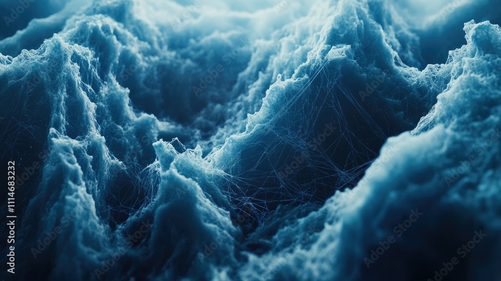 Poster big data-inspired background featuring blue waves and particle dynamics, perfect for technology and 