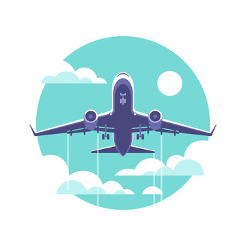 Airplane gaining altitude between clouds. Travel and vacation time. Vector illustration in a minimalistic style.