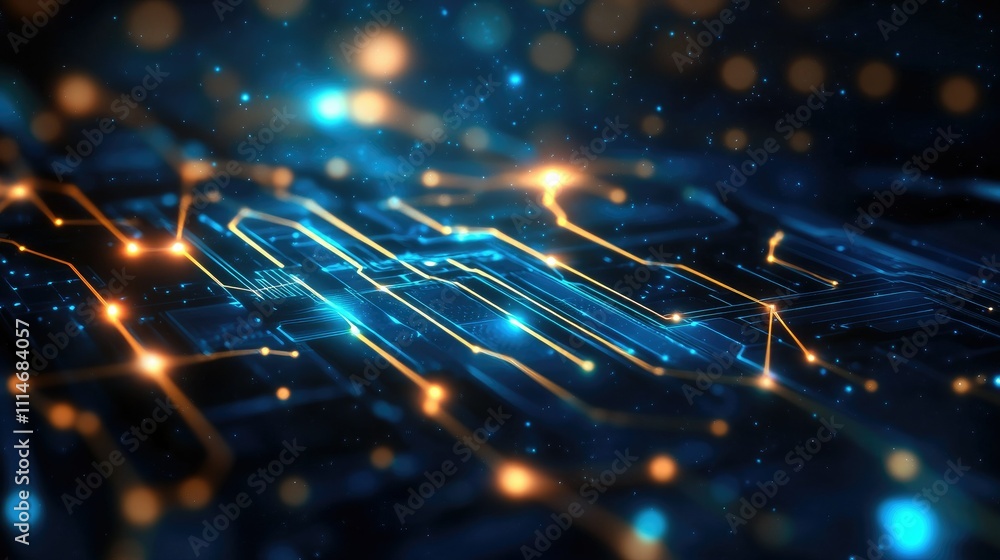 Poster cyberpunk-style abstract background with glowing neon lines and a futuristic light effect, embodying