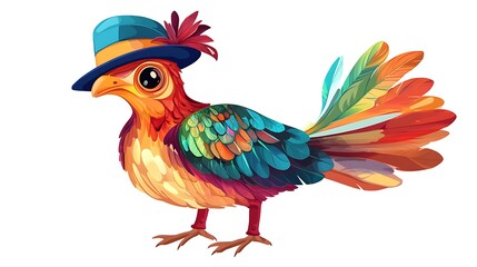 Obraz premium A vibrant, whimsical bird in a hat. Colorful feathers and a playful design.