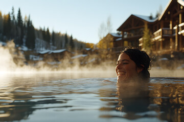 Fototapeta premium Outdoor Heated Pool in a Luxury Hotel with a Woman Relaxing - Elegant and Inviting Atmosphere for a Leisurely Swim