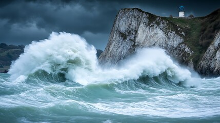 Naklejka premium Dramatic Ocean Waves Crashing Against Coastal Cliffs Lighthouse