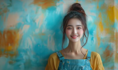 Asian girl is going to paint the walls in the room.