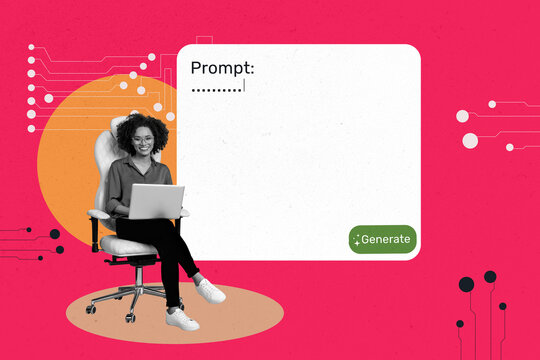 Composite photo collage of happy america girl hold laptop matrix artificial intelligence prompt generation isolated on painted background