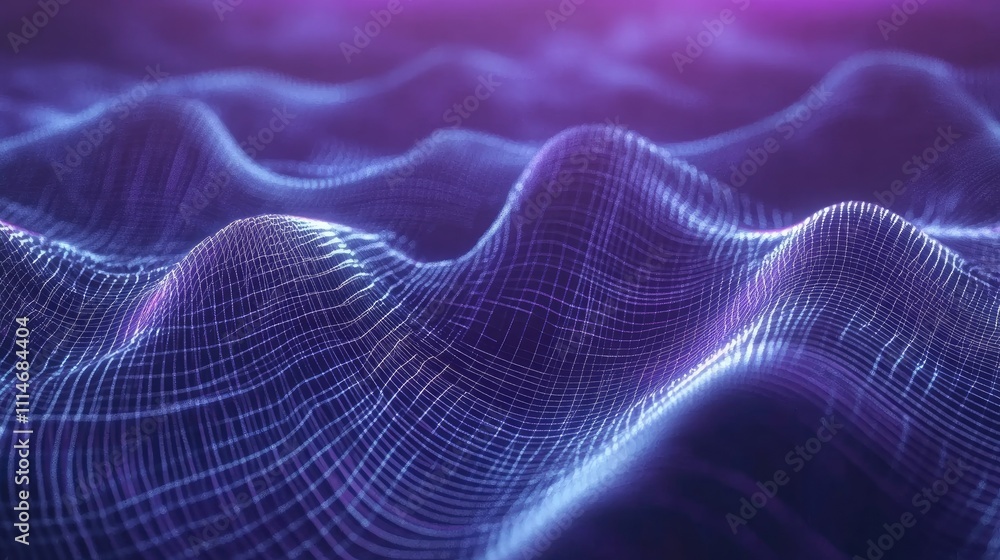 Poster digital wireframe audio waves in a spectrum of blue and purple, creating a futuristic and immersive 